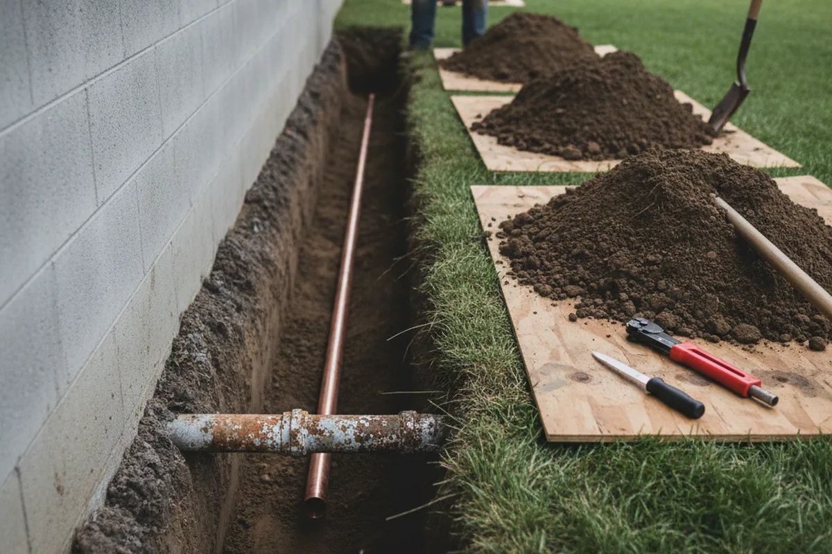 Excavated water line trench during Sewer Line Repair in Holyoke